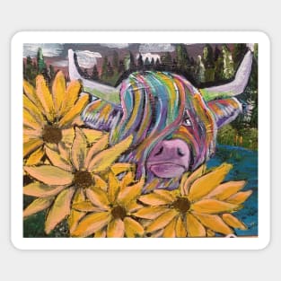 Highland cow and sunflower Sticker